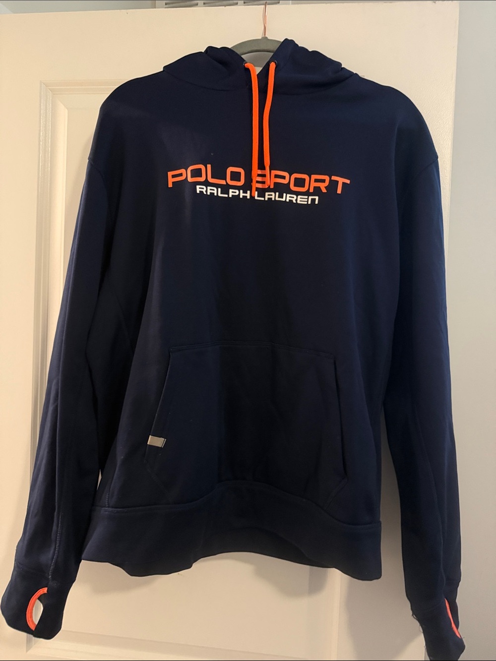 Polo by Ralph Lauren Navy Hoodie with Orange Logo & Drawstrings